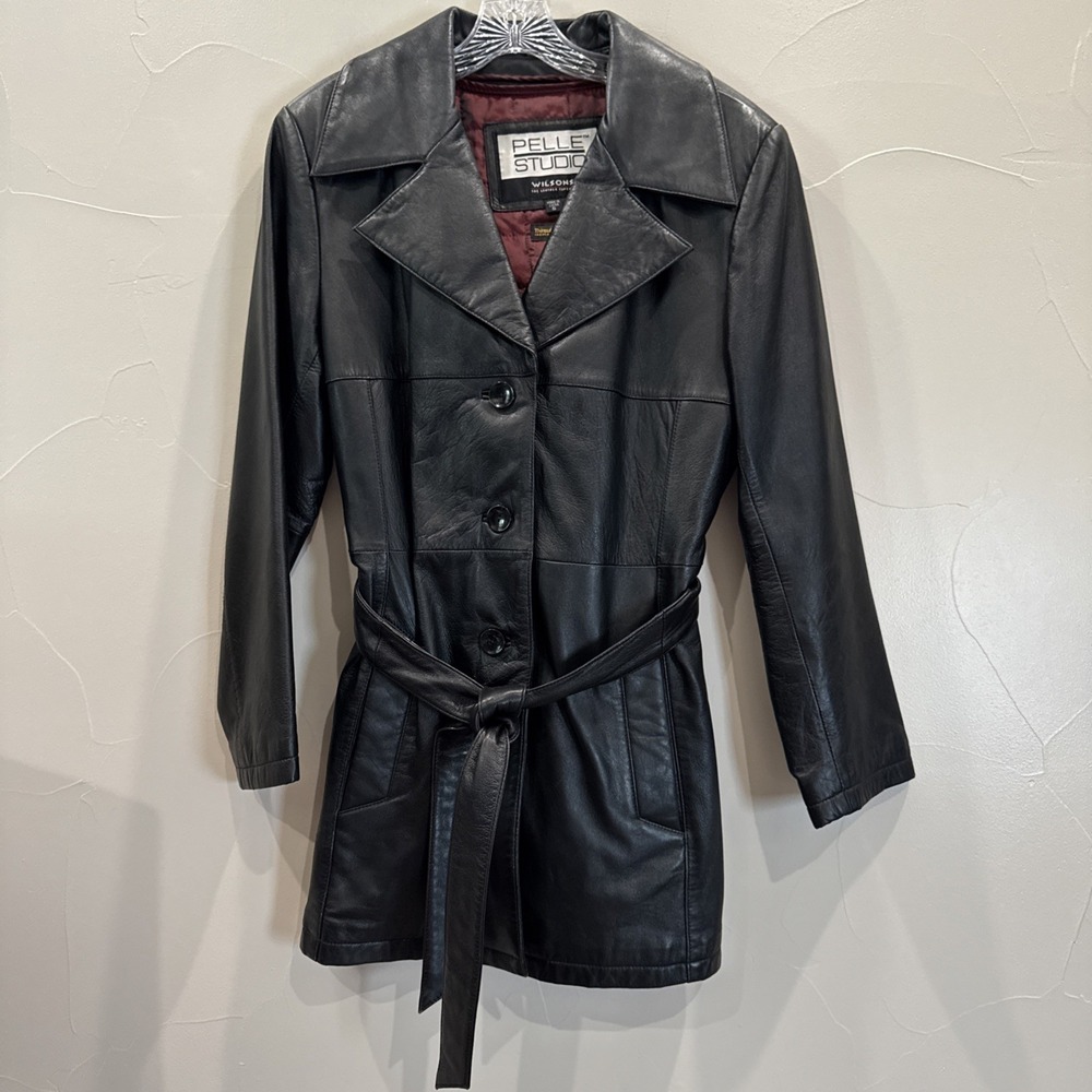 Wilson's Pelle Studio Womens Black Leather Jacket Small Belted Thinsulate Lined